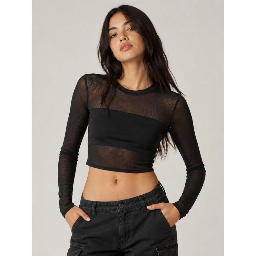 Onzie Black Sheer Mesh Cropped Long Sleeve Top S/M Boxy